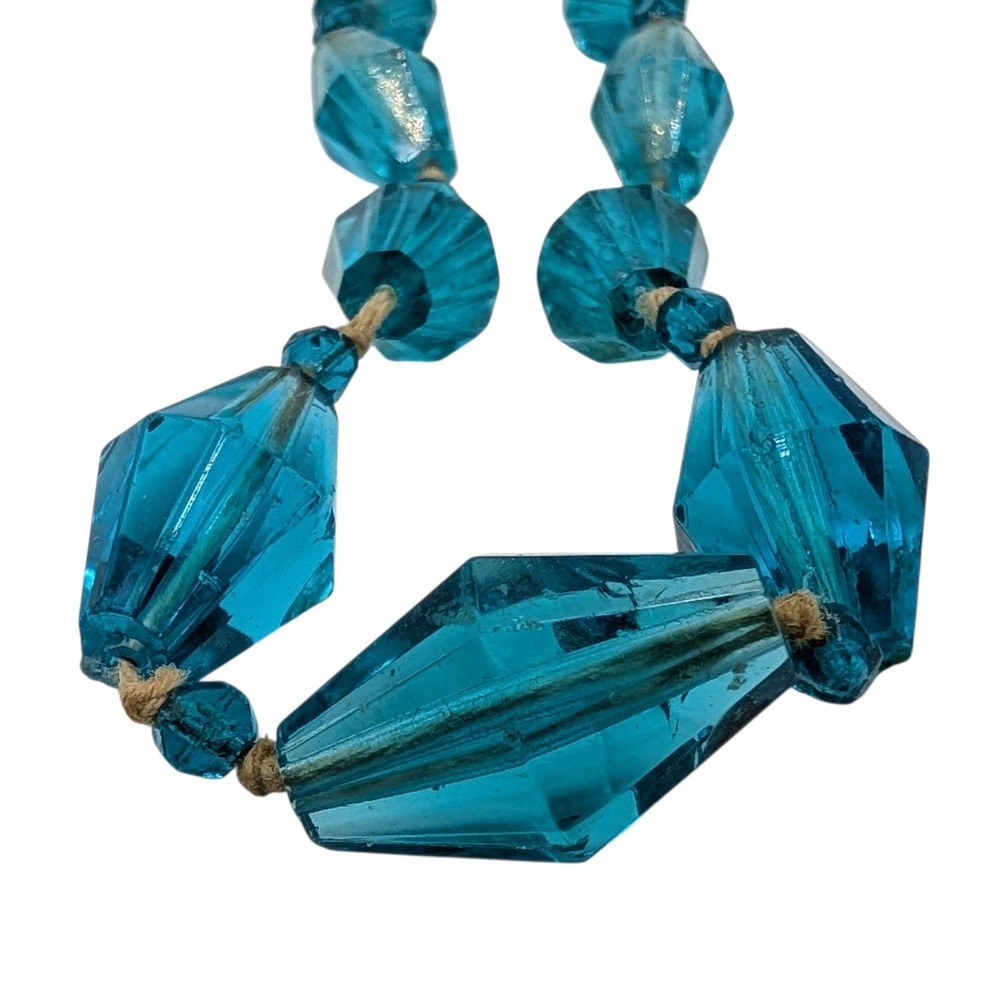 Vintage Aqua Glass Beaded Necklace Faceted Graduated Knotted Sixteen Inch